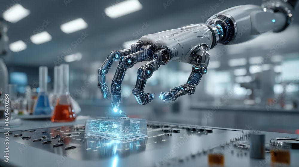 Poster advanced robotics in futuristic medical research lab enhancing diagnostics systems