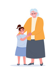 Granny hugs her granddaughter, they smile happily. Elderly woman and girl in full growth. Vector flat graphics.