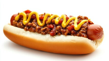 A hot dog topped with chili, mustard, onions, and parsley on a white plate.
