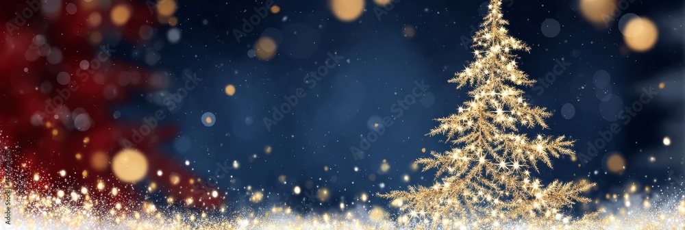 Poster golden christmas tree with sparkling lights, blue background with red gradient and copy space.