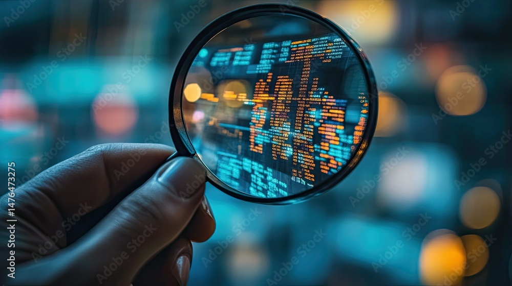 Poster hand holding magnifying glass over digital screen with code and blurred background lights view