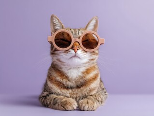 Cat in oversized model sunglasses, chic and laid-back, isolated on soft lavender background