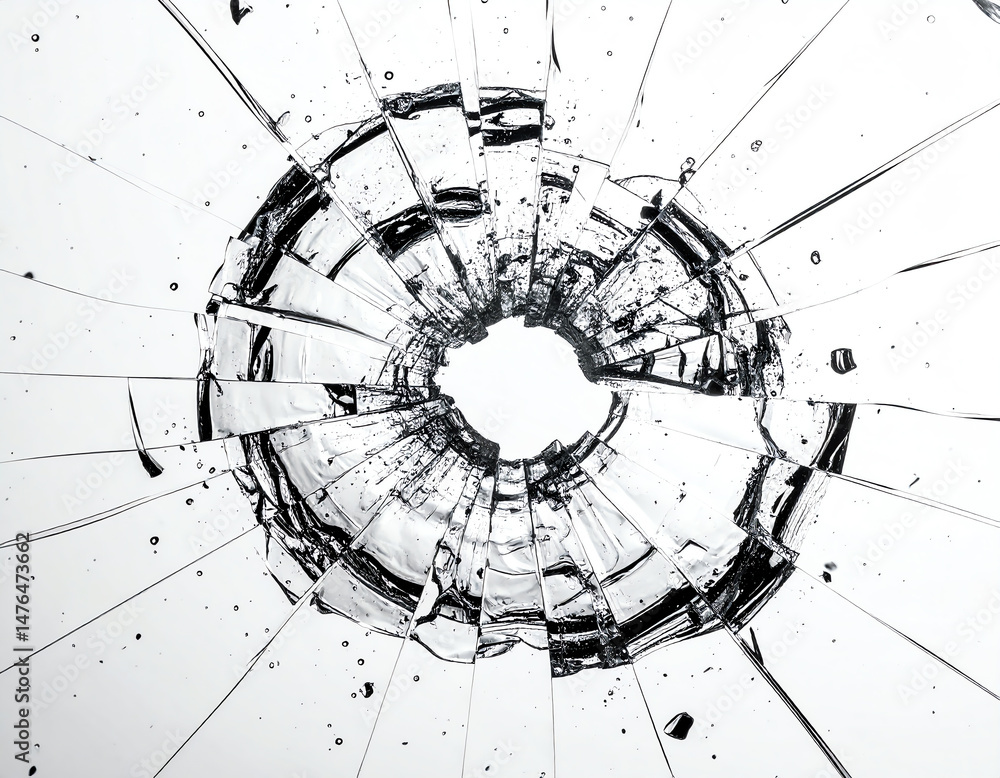 Poster a shattered glass pattern creating a circular design, with cracks radiating outward from a central p