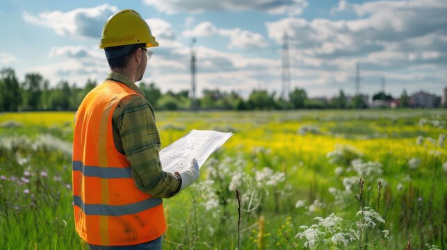 An environmental consultant conducting a site assessment outdoors.
