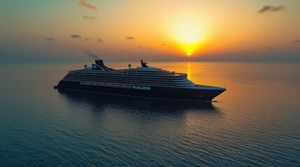 A luxurious cruise ship glides on the calm sea, framed by a beautiful sunset.