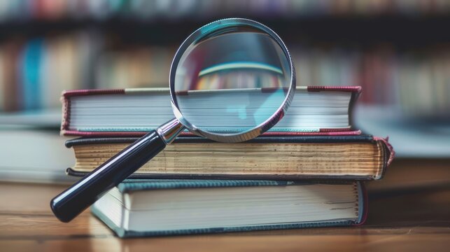 A magnifying glass on top of a stack of academic books, emphasizing in-depth research.