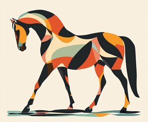 Obraz premium A stylized horse in profile stands on a flat surface, depicted with abstract shapes and bold colors against a simple white background.