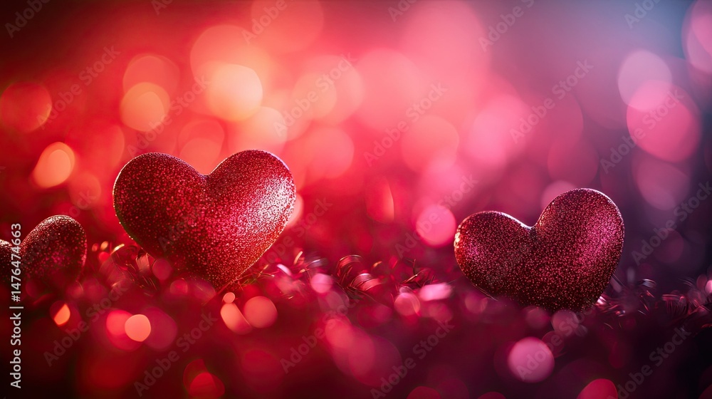 Poster sparkling red hearts on a bed of glitter with a bokeh background creating a romantic atmosphere