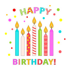 Birthday candles and confetti vector illustration, greeting card