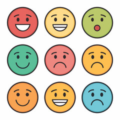 Design a bold, vector emoji face icon with a thick outline, showcasing strong, expressive features.  Include variations in expressions like happy, sad, angry.