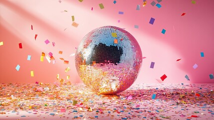 A disco ball on a pink surface with confetti falling around it in a brightly lit studio setting