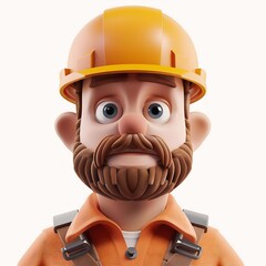 A bearded, mustachioed construction worker in an orange safety vest looks directly at the viewer in a plain white background, his neutral expression conveying a sense of professionalism.