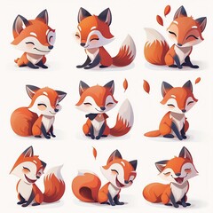 Fototapeta premium A charming fox character is captured in various poses and expressions, with vibrant orange fur and white markings, on a clean white background.