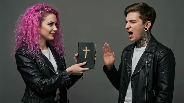 Angry young man with tattoos rejects the Bible from a beautiful girl. Christian religious concept of social and spiritual problems of modern life and church