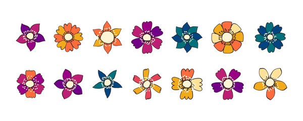 Collection of Hand Drawn Multicolored Head Flowers. Doodle quirky summer and spring plants. Feminine set of plants perfect for fashion, clothing, cards, invitations, wrapping paper