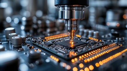 Close-up view of a precision machine working on a circuit board.