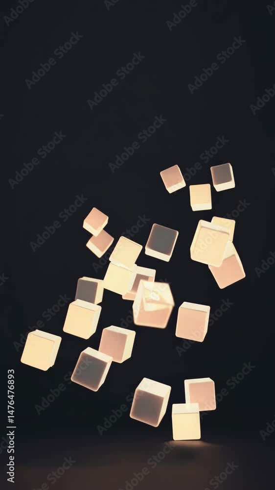 Poster glowing cubes in dynamic motion against dark backdrop