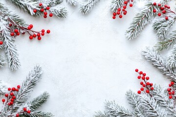Festive winter frame with sprigs of snowy evergreen and red berries.  A blank center for holiday design