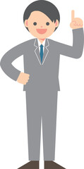 人差し指を立てるスーツ男性