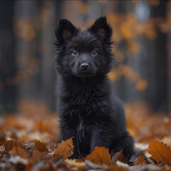 A small black puppy with striking blue eyes sits attentively in a vibrant autumn forest, its fur contrasting with the surrounding foliage and fallen leaves.