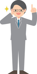人差し指を立てるメガネをかけたスーツ男性

