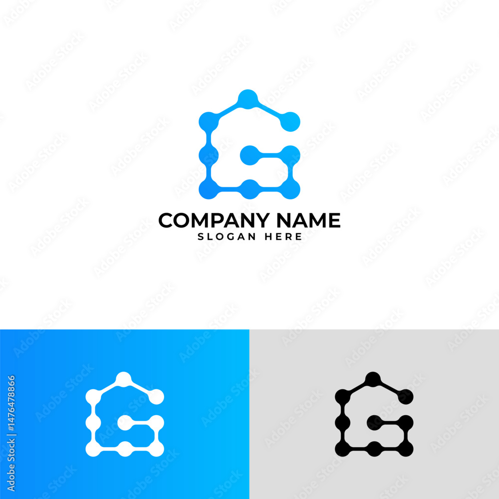 Poster letter g formed by connected dots or nodes within a stylized house-like structure. represents connec