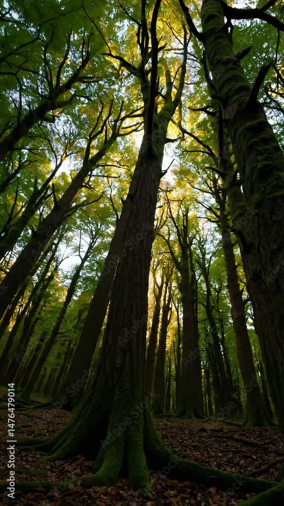 Poster sunlit forest canopy: dynamic journey through majestic trees with vibrant foliage and shifting persp