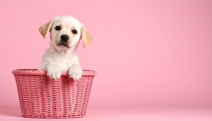 puppy in a basket on pink background