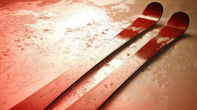 A pair of red skis rest on a wet surface, ready for a day of winter adventure.