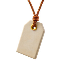 Blank beige price tag or label hanging from a brown knotted cord or string against a plain white background ready for customization or product marking