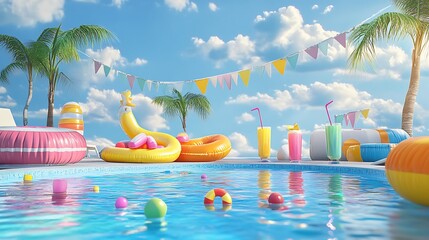 Obraz premium Poolside summer scene with floats drinks and palm trees