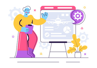 Aircraft Modeling and Crafting Vector Illustration Featuring the Assembly or Painting of a Large Airplane Model as a Replica of a Real Aircraft