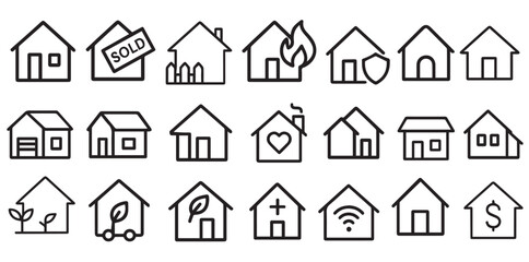 Minimal Line Home Icons Set &ndash; Real Estate, Smart House, Eco Living & Safety Symbols

