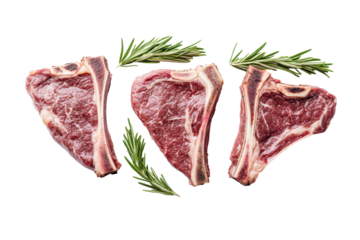 Delicious T-bone steaks with fresh rosemary ready to cook displayed on a clean white background