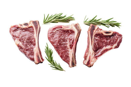 Delicious T-bone steaks with fresh rosemary ready to cook displayed on a clean white background