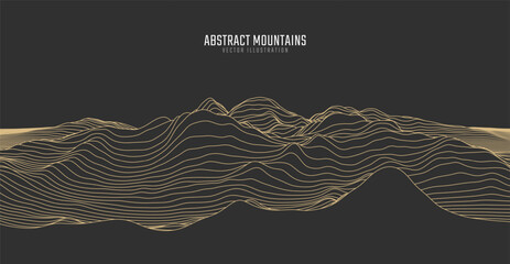 Contour mountain landscape. Waved line art. Abstract minimal topographic map. Contour lines with elevations and terrain depth. Vector illustration.