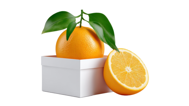 Fresh ripe orange fruit with green leaves against a clean minimalist white background highlighting the natural sweetness and vibrant color of this healthy nutritious citrus produce