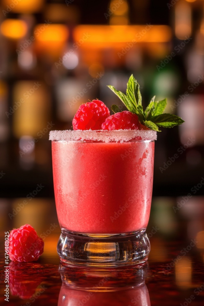 Poster raspberry cocktail close up shot at bar with sugar rim mint garnish and bokeh background for a refre