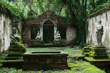 Ancient ruins of a classical garden with statues in a serene and overgrown overgrown courtyard with brickwork.