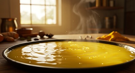 Obraz premium Golden liquid simmering in pan