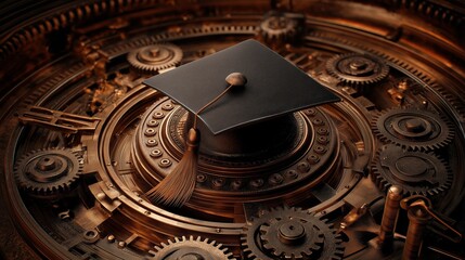 Obraz premium Graduation cap resting on intricate gears representing achievement in a mechanical world