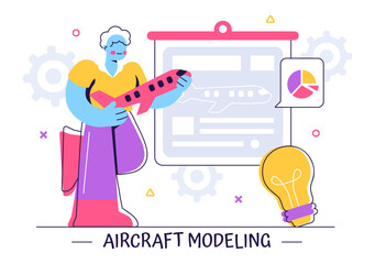 Aircraft Modeling and Crafting Vector Illustration Featuring the Assembly or Painting of a Large Airplane Model as a Replica of a Real Aircraft