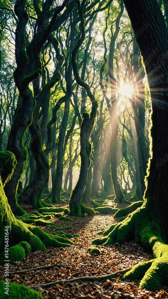 Poster sunbeams illuminate enchanted forest with twisted trees and lush greenery