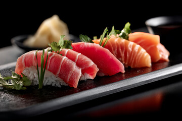 A premium sushi platter perfectly placed on a matte black slate plate.