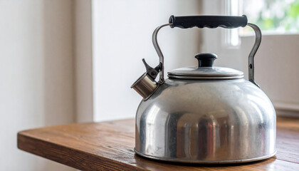 Vintage metal kettle on table. Equipment for boiling water for tea or coffee.