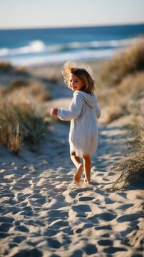Little girl running barefoot on a beach at sunset, wearing a summer dress, golden light and soft sand creating a peaceful childhood moment &mdash; Generative AI