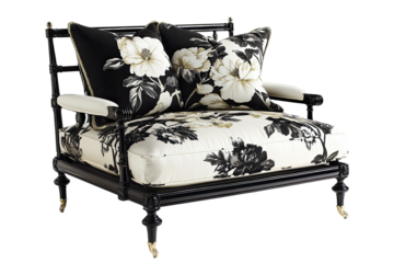 Black and white floral upholstered armchair