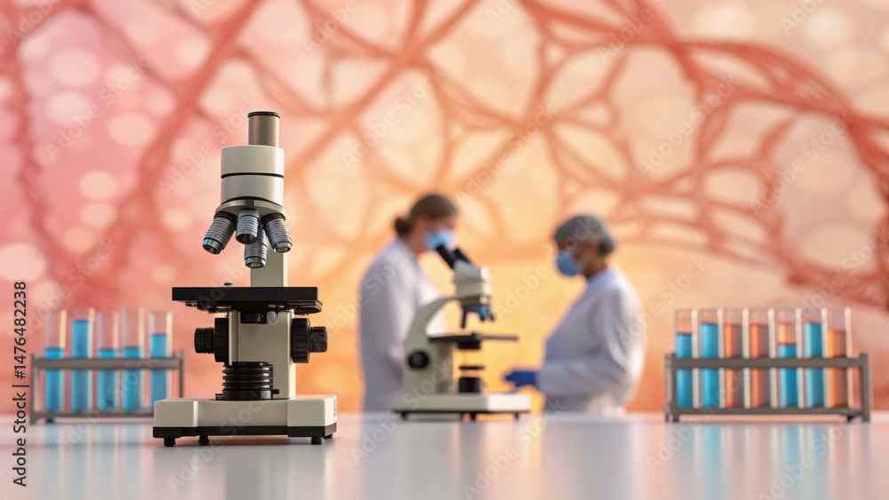 Poster laboratory scene featuring microscopes and scientists in white coats, working with test tubes and a 