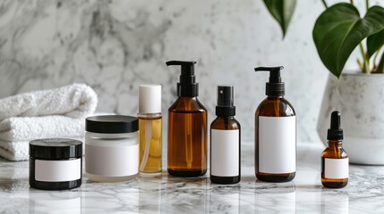 A skincare product lineup including cleansers, toners, and serums on a marble countertop.