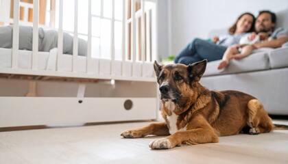 Adorable dog guarding a newborn baby while parents relax on the sofa in a cozy home interior showcasing family love and domestic bliss